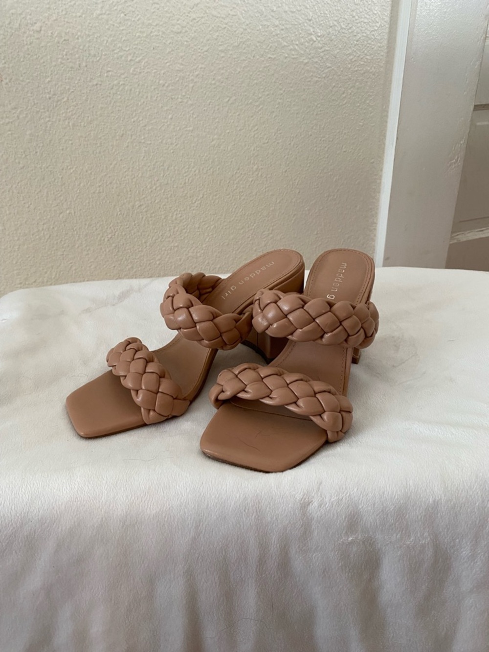 Madden Girl Braided Strappy Heeled Sandals in Tan